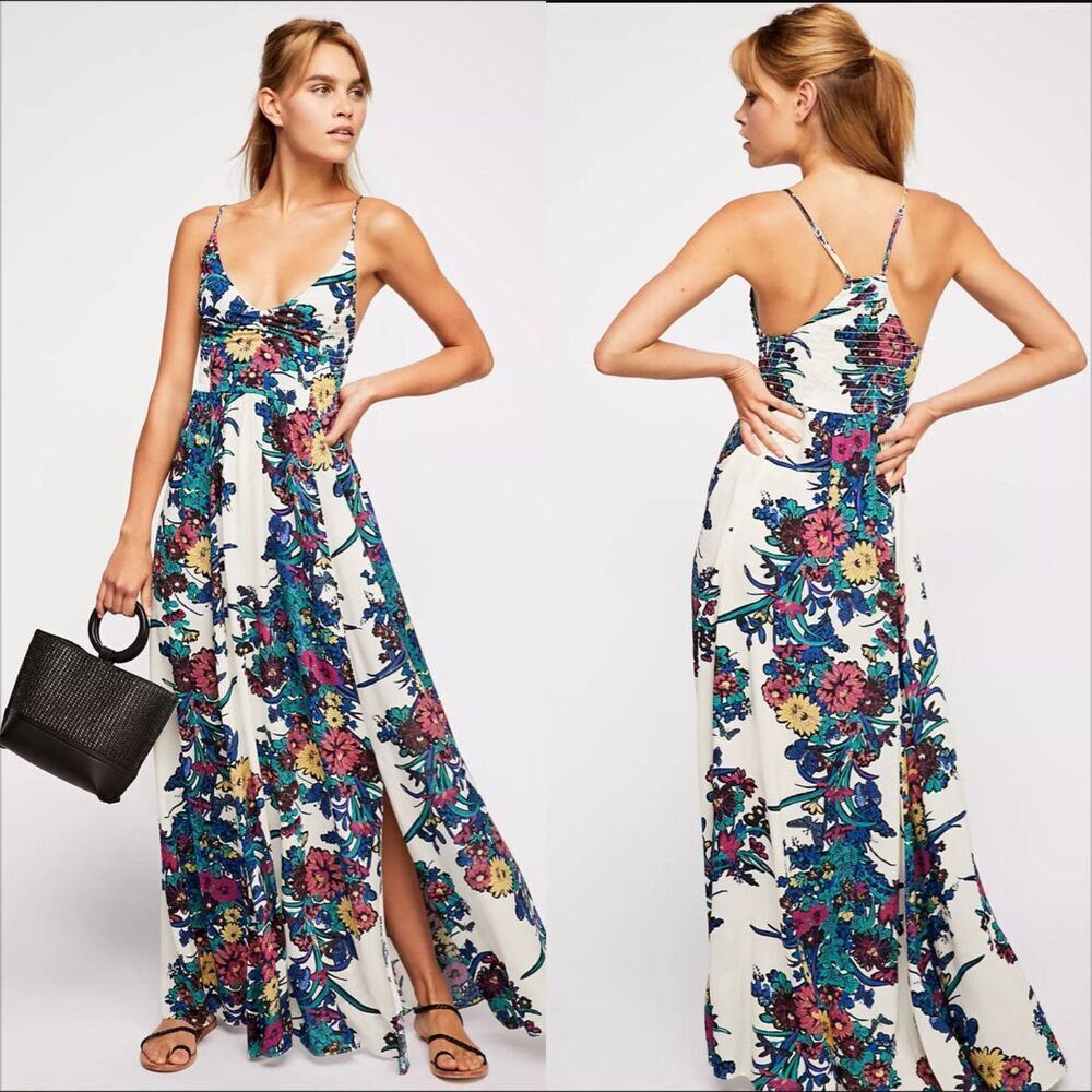 Free People White Floral Maxi Dress with Blue & Pink Print